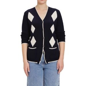 Marks & Spencer Navy and White Diamond Pattern Long Cardigan Size M